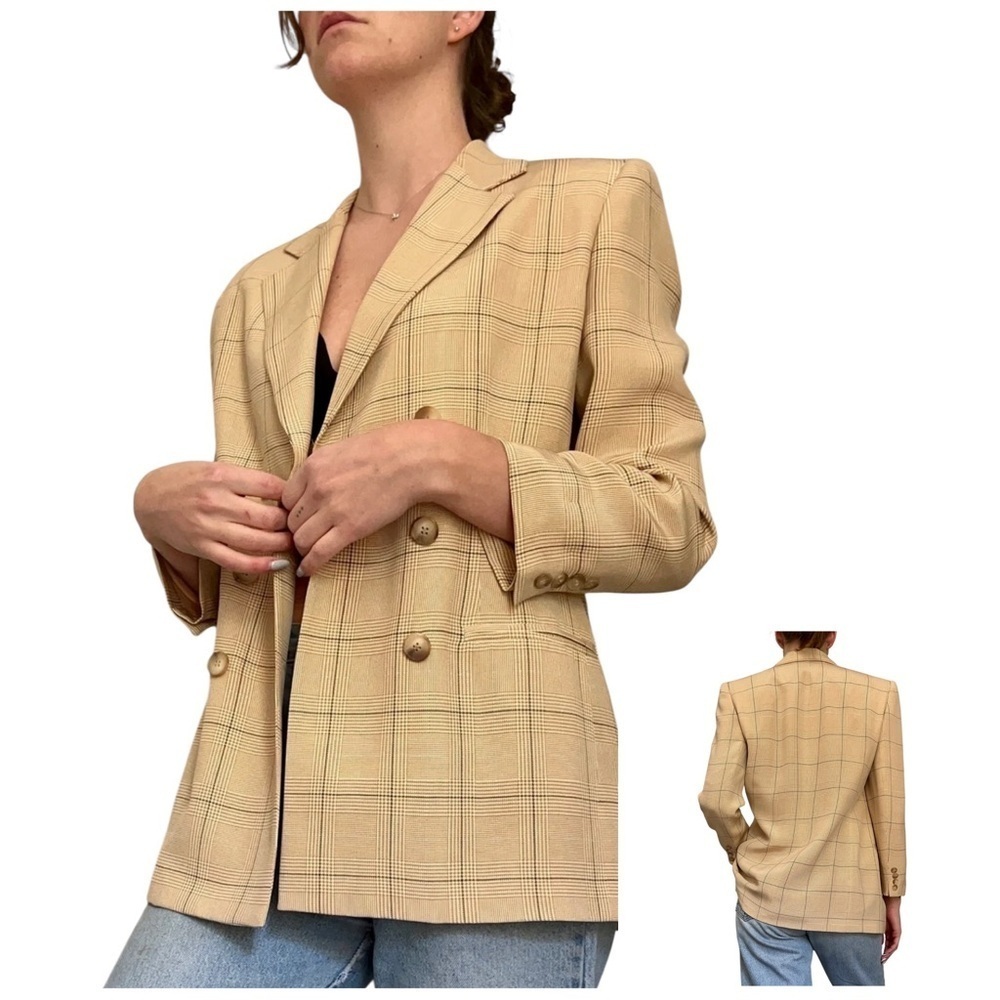 Evan Picone 100% Silk Plaid Double Breasted Blazer Size 12